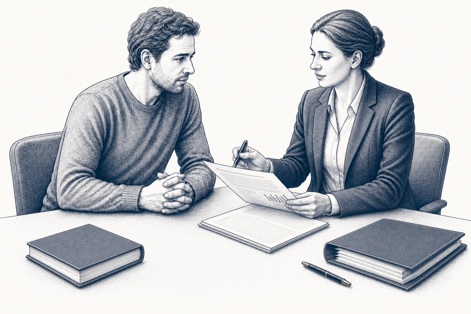 Ein Mann und eine Frau besprechen ein Dokument am Tisch; mehrere Mappen liegen bereit.