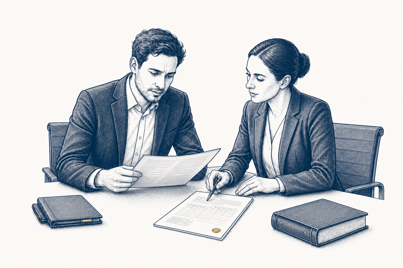Ein Mann und eine Frau vergleichen ein Schreiben mit den Unterlagen auf dem Tisch. Ein Mann und eine Frau vergleichen ein Schreiben mit den Unterlagen auf dem Tisch.