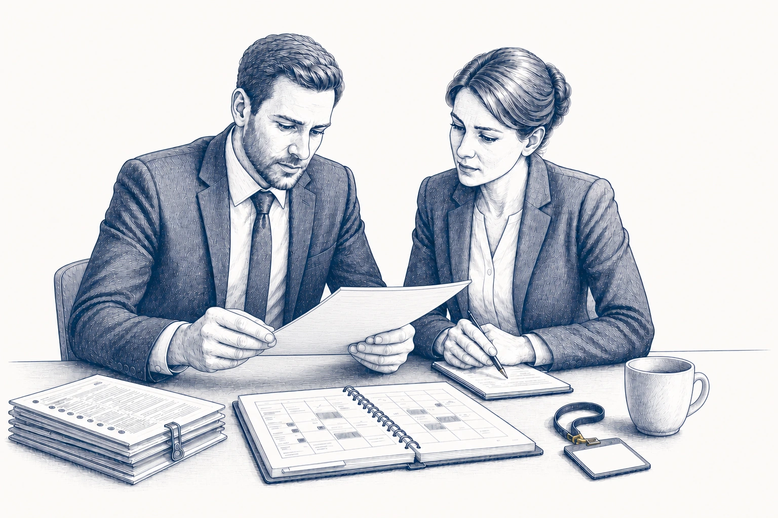 Zwei Personen vergleichen ein Schreiben mit Aufzeichnungen zur Arbeitszeit.
