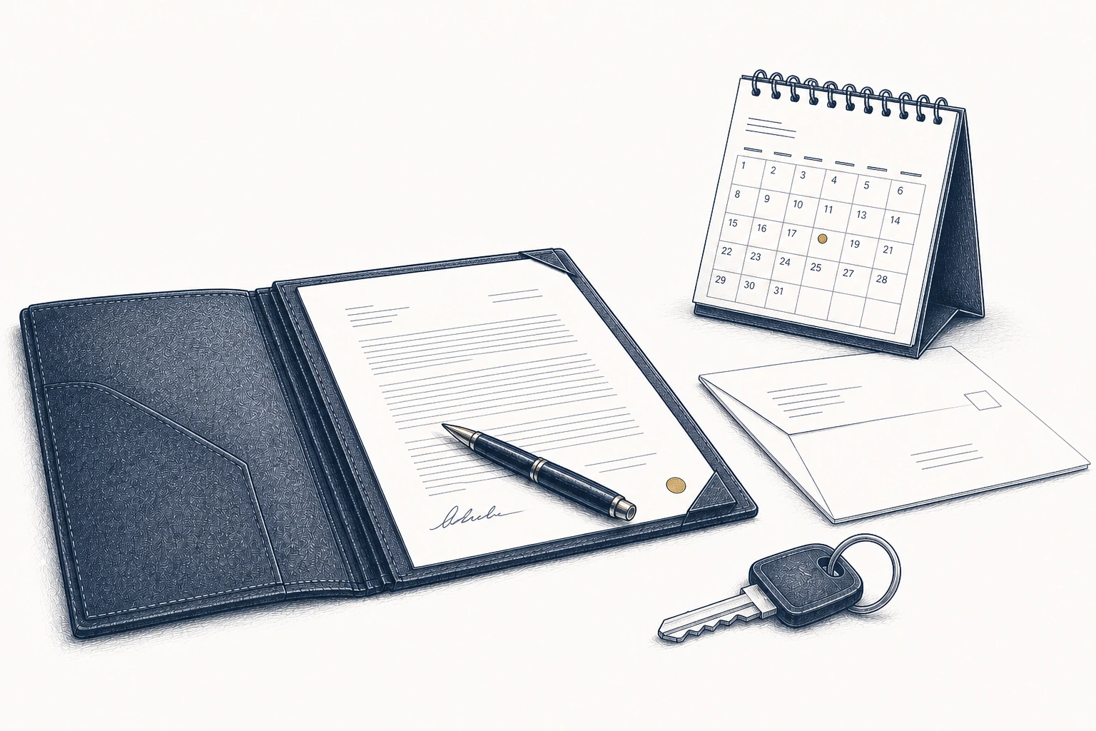 Ein Vertrag mit Stift liegt neben einem Kalender, einem Umschlag und einem Schlüssel. Ein Vertrag mit Stift liegt neben einem Kalender, einem Umschlag und einem Schlüssel.