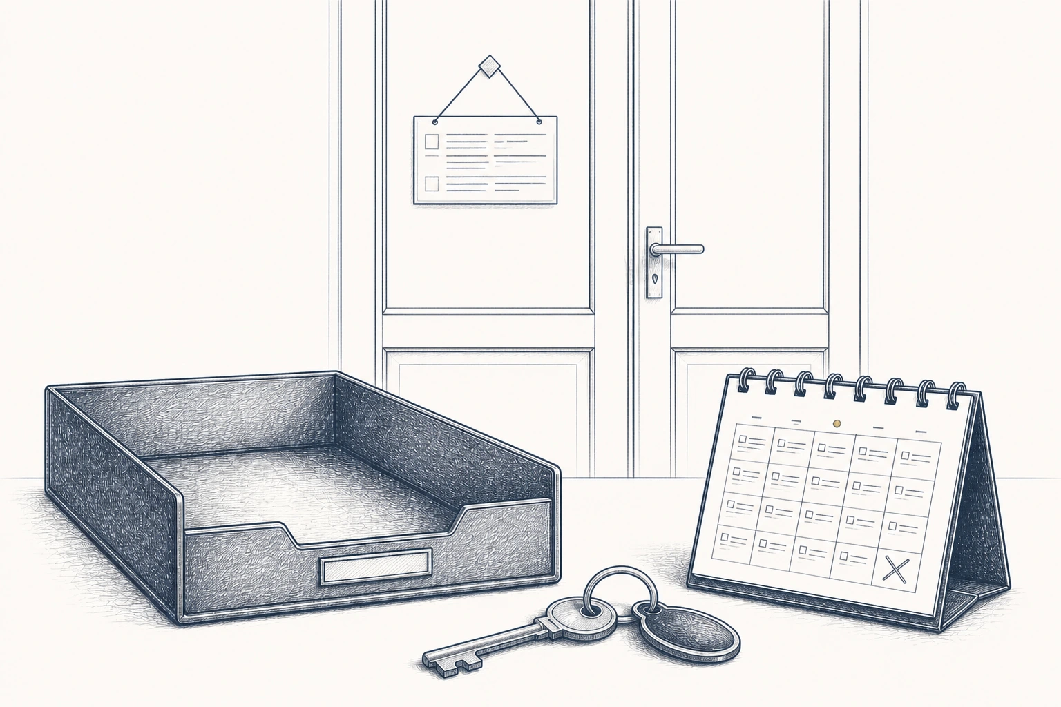 Eine geschlossene Bürotür, eine leere Ablage, ein Schlüsselbund und ein Kalender.