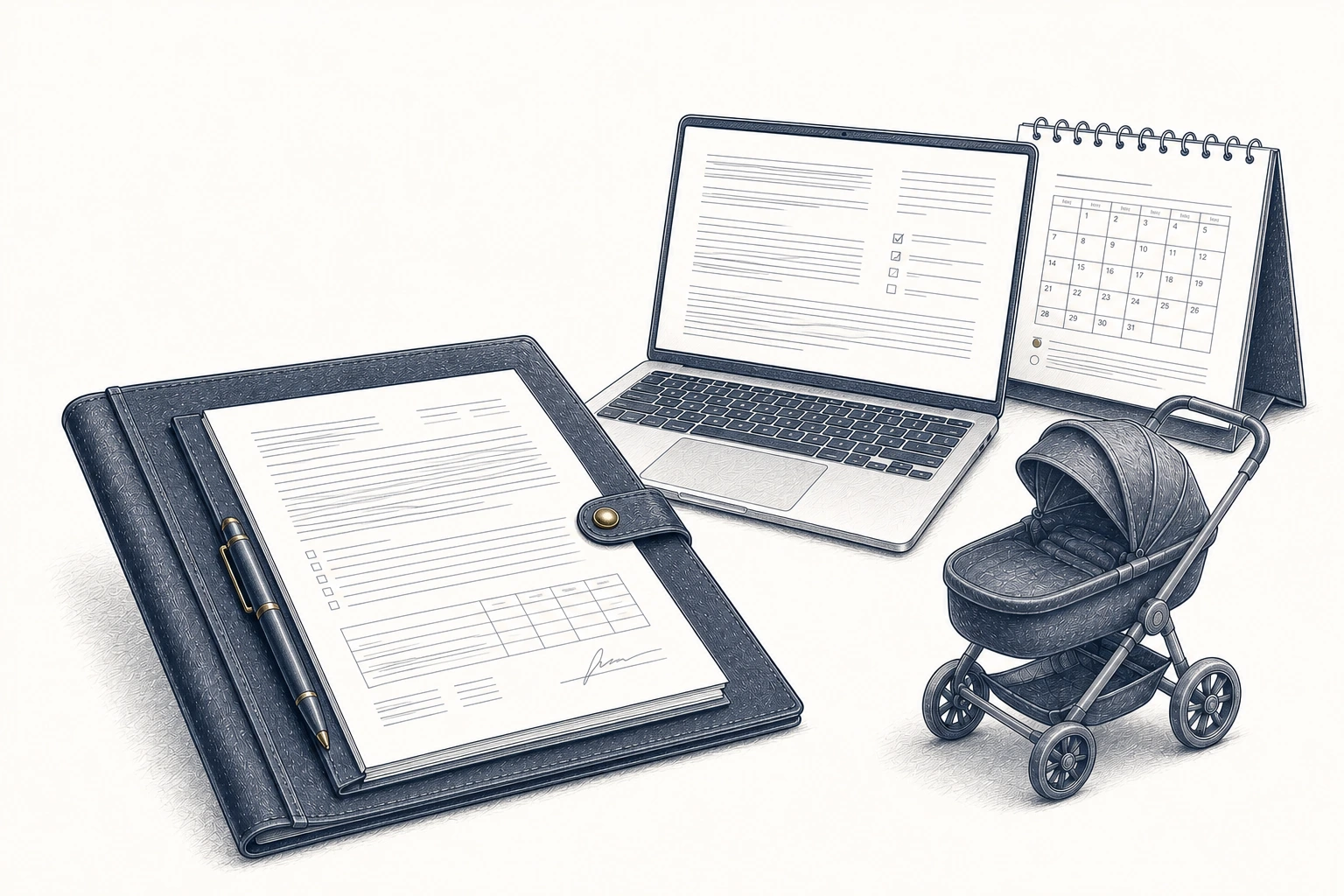Eine offene Vertragsmappe, ein Laptop und ein Kalender neben einem Kinderwagen.