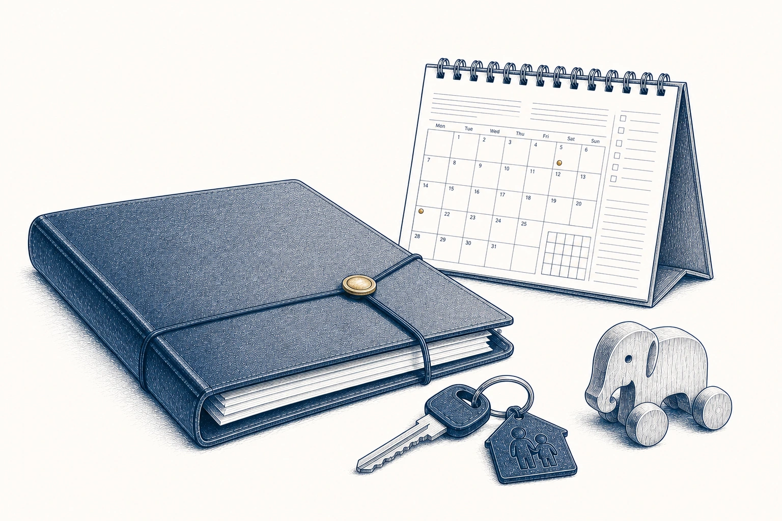 Eine Vertragsmappe, ein Schlüsselbund und ein Kalender neben einem Spielzeugelefanten. Eine Vertragsmappe, ein Schlüsselbund und ein Kalender neben einem Spielzeugelefanten.