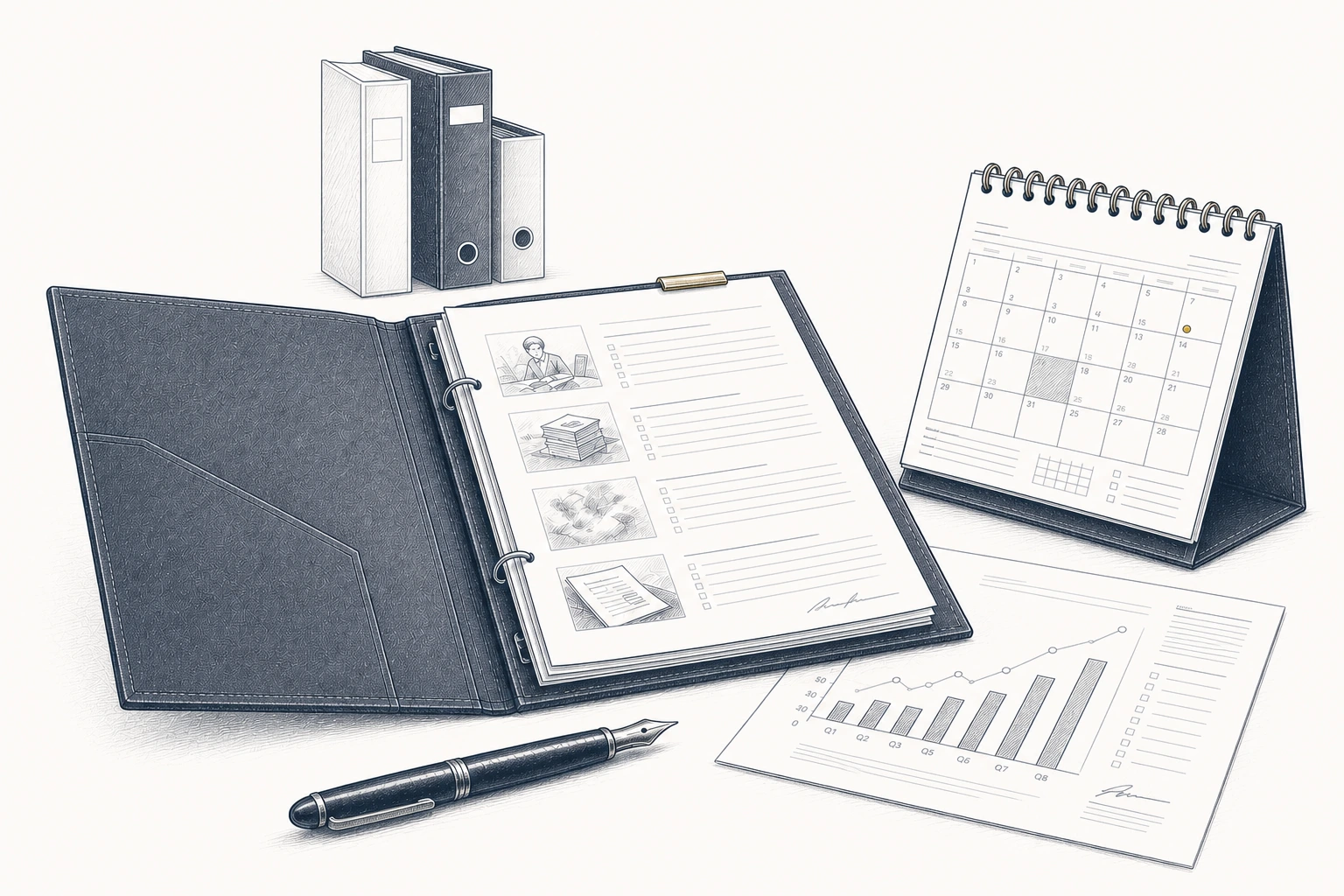 Eine Personalakte mit Dokumenten und einer Balkenübersicht neben einem Kalender. Eine Personalakte mit Dokumenten und einer Balkenübersicht neben einem Kalender.