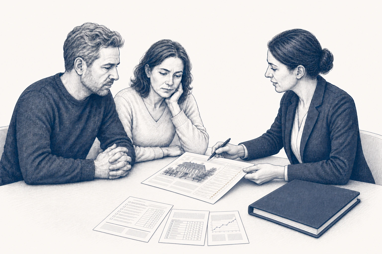 Drei Personen besprechen Unterlagen mit einer Gebäudeabbildung. Drei Personen besprechen Unterlagen mit einer Gebäudeabbildung.