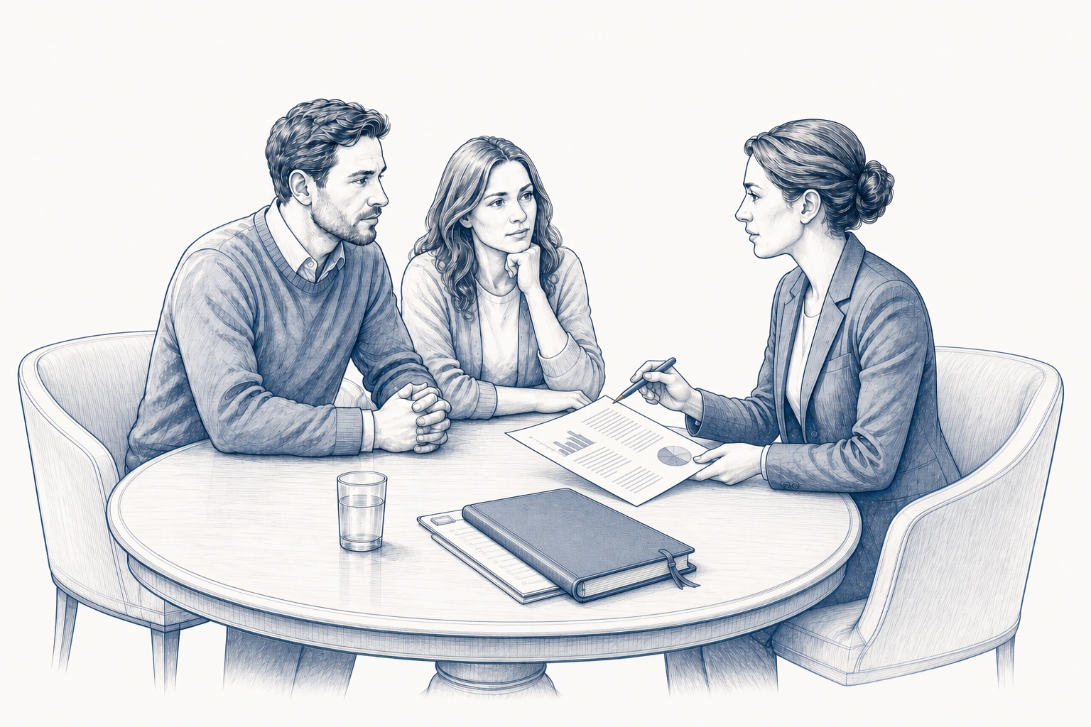 Drei Personen besprechen Unterlagen in einer Sitzecke. Drei Personen besprechen Unterlagen in einer Sitzecke.