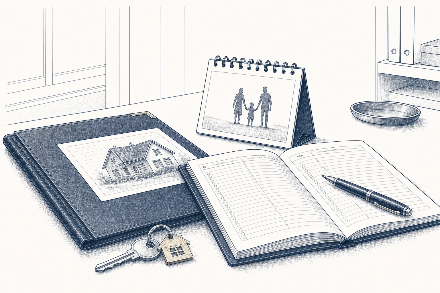 Eine Gebäudeabbildung, ein Schlüsselbund und ein Kalender mit Familiensymbolen neben einer geöffneten Mappe. Eine Gebäudeabbildung, ein Schlüsselbund und ein Kalender mit Familiensymbolen neben einer geöffneten Mappe.