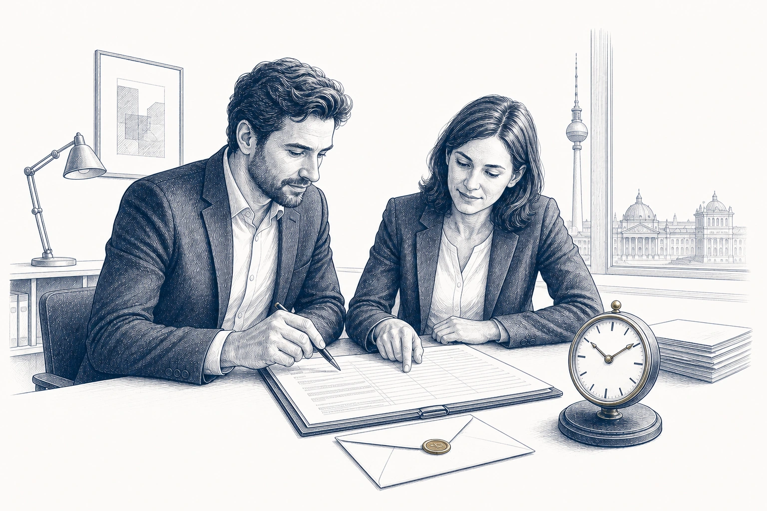 Zwei Personen besprechen Aufzeichnungen zur Arbeitszeit; neben ihnen steht eine Uhr. Zwei Personen besprechen Aufzeichnungen zur Arbeitszeit; neben ihnen steht eine Uhr.