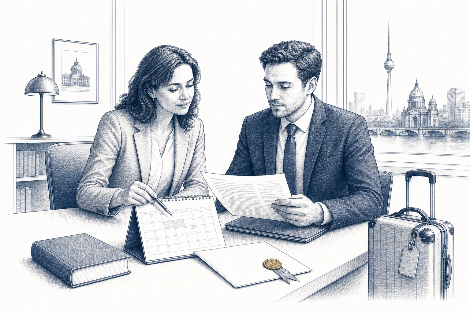 Zwei Personen besprechen ein Schreiben und einen Kalender; daneben steht ein Reisekoffer.