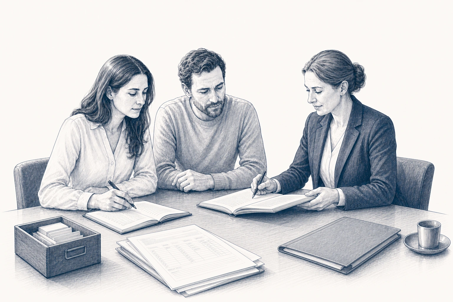 Drei Personen vergleichen mehrere Mappen und lose Unterlagen am Tisch.