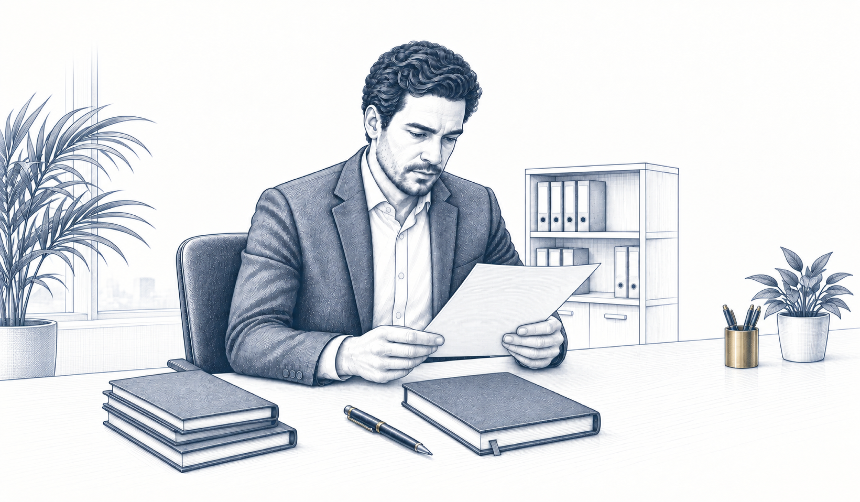 Ein Mann liest ein Schreiben am Schreibtisch; vor ihm liegen Unterlagen und ein Stift. Ein Mann liest ein Schreiben am Schreibtisch; vor ihm liegen Unterlagen und ein Stift.