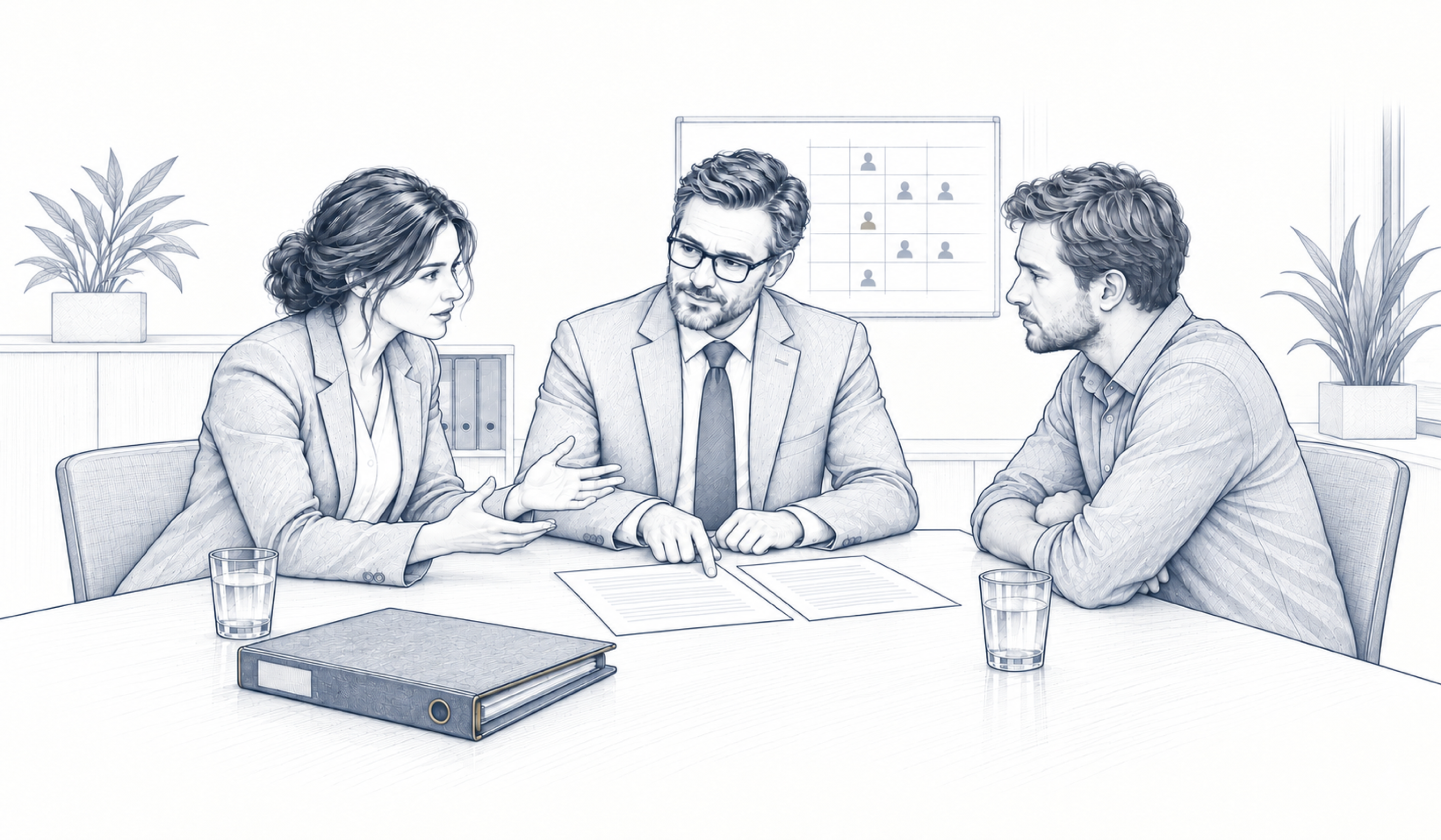 Drei Personen besprechen Unterlagen an einem Tisch; vor ihnen liegt eine Akte.