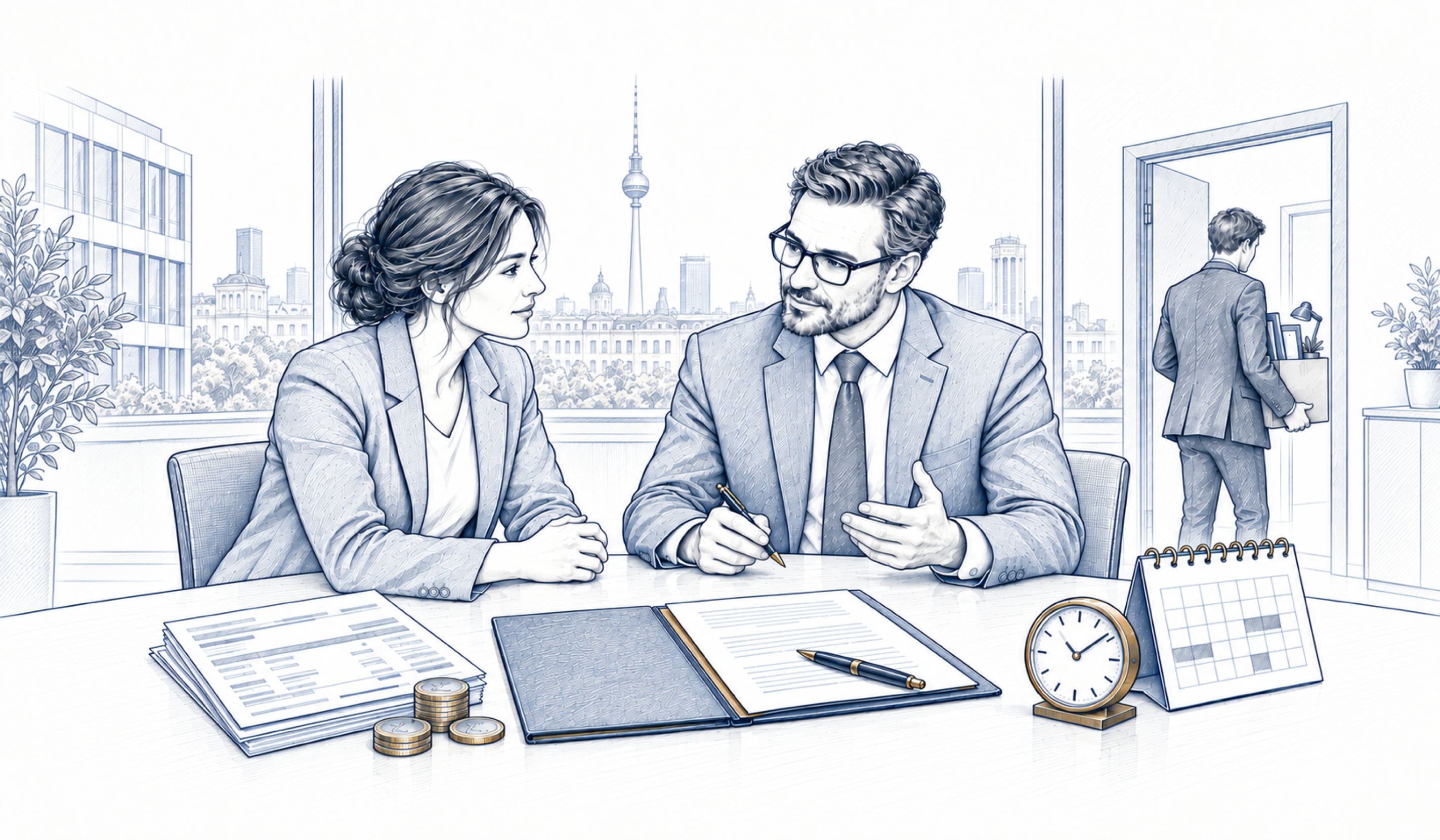 Zwei Personen besprechen Unterlagen; daneben liegen Münzen, eine Uhr und ein Kalender.