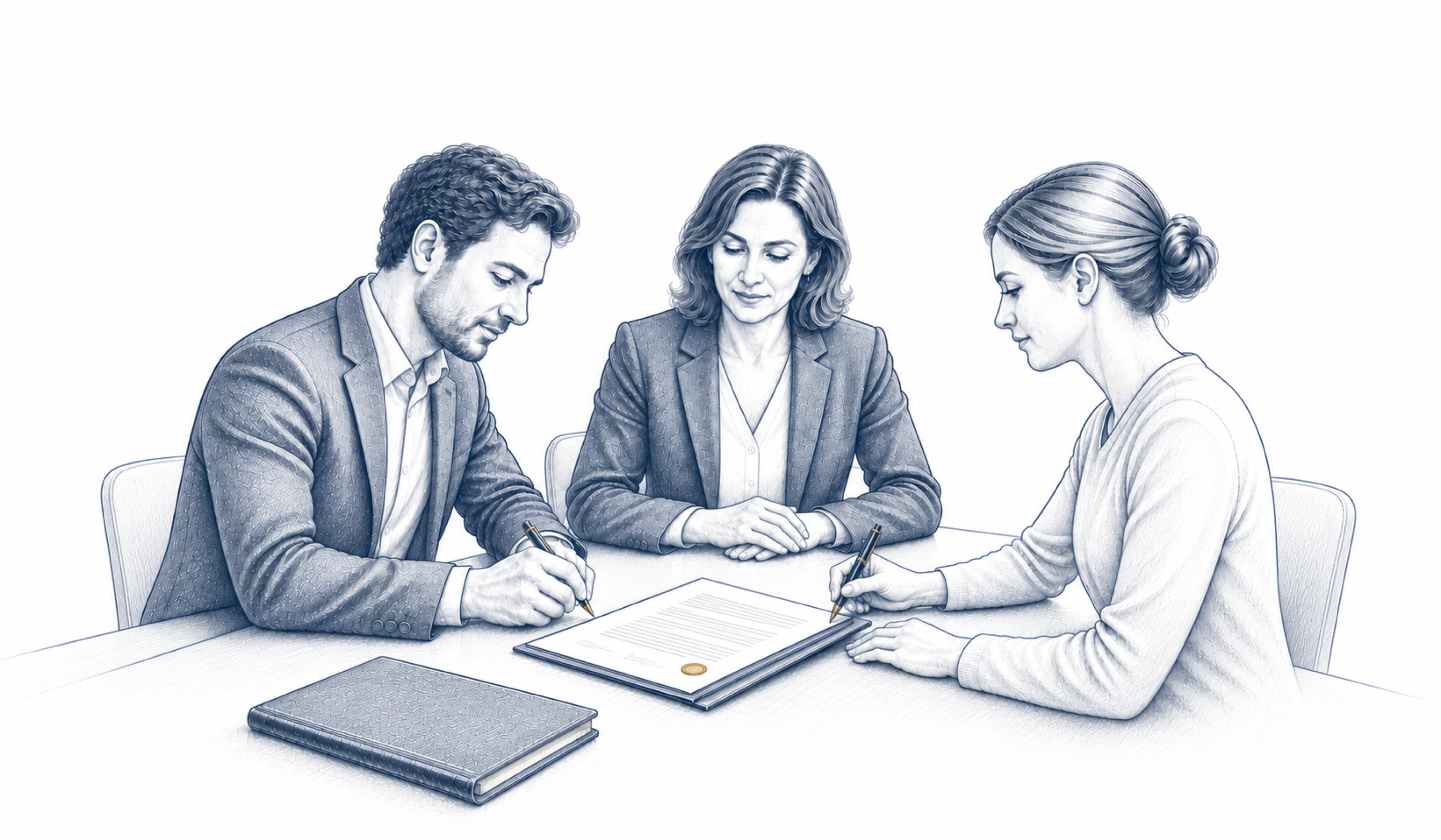 Drei Personen besprechen eine Vereinbarung am Tisch. Drei Personen besprechen eine Vereinbarung am Tisch.