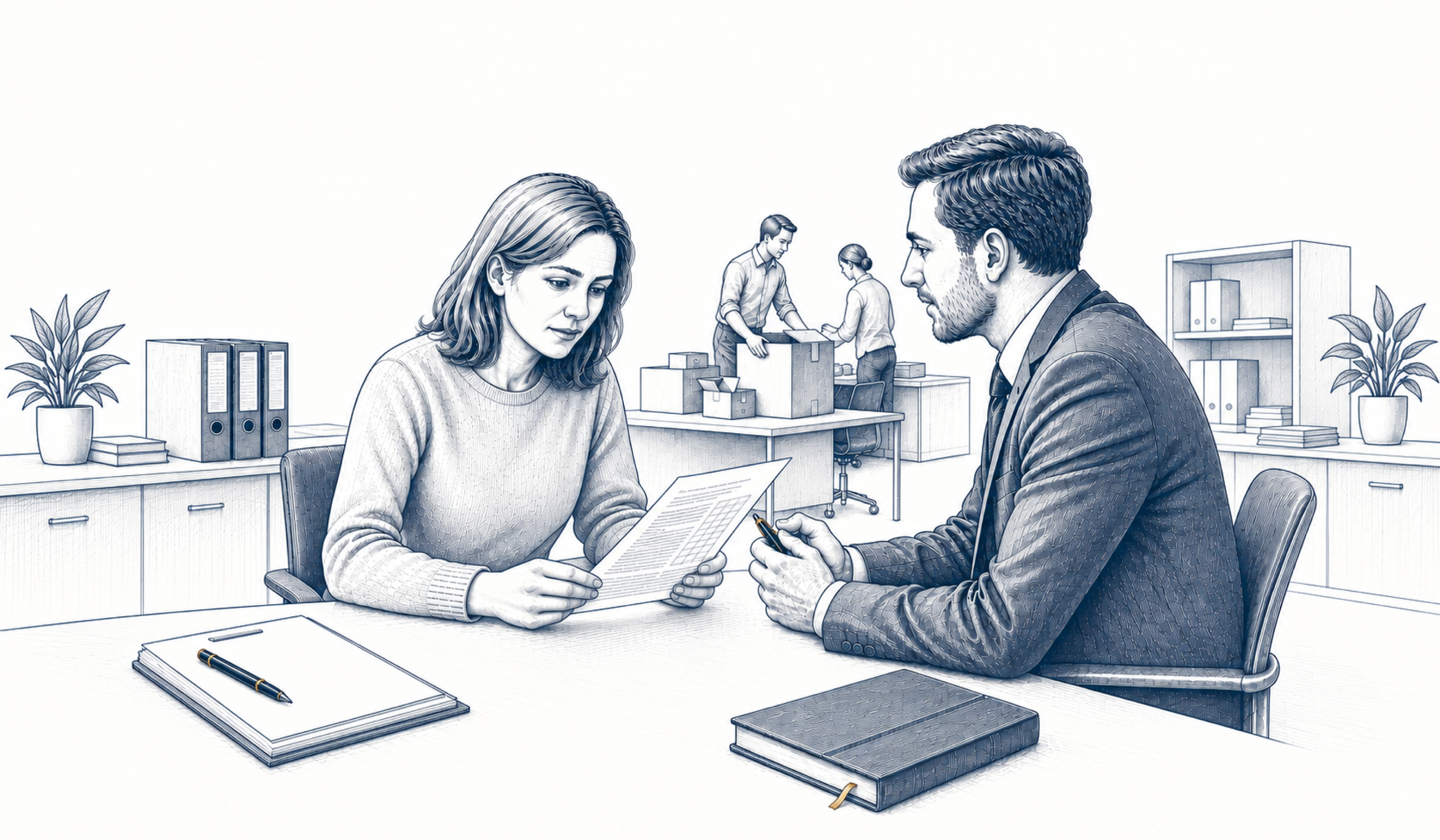 Zwei Personen besprechen ein Schreiben im Büro; im Hintergrund stehen Umzugskartons.