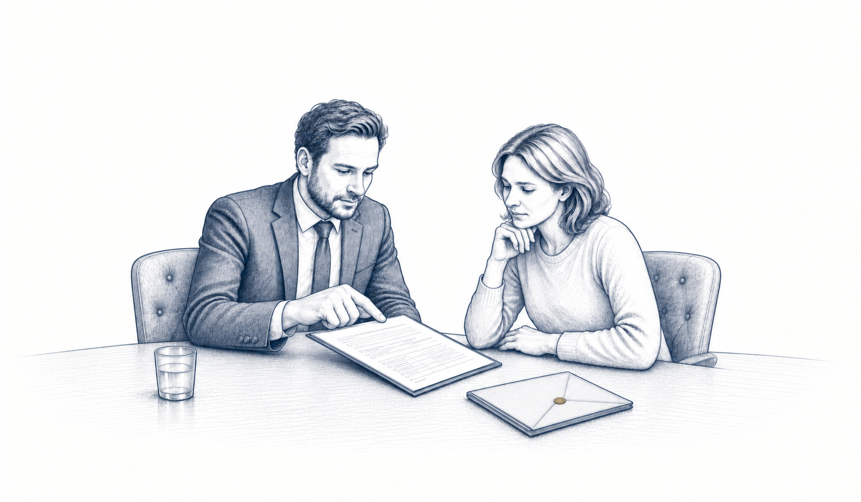 Zwei Personen besprechen einen Vertragsentwurf; ein Mann zeigt auf eine Textstelle.