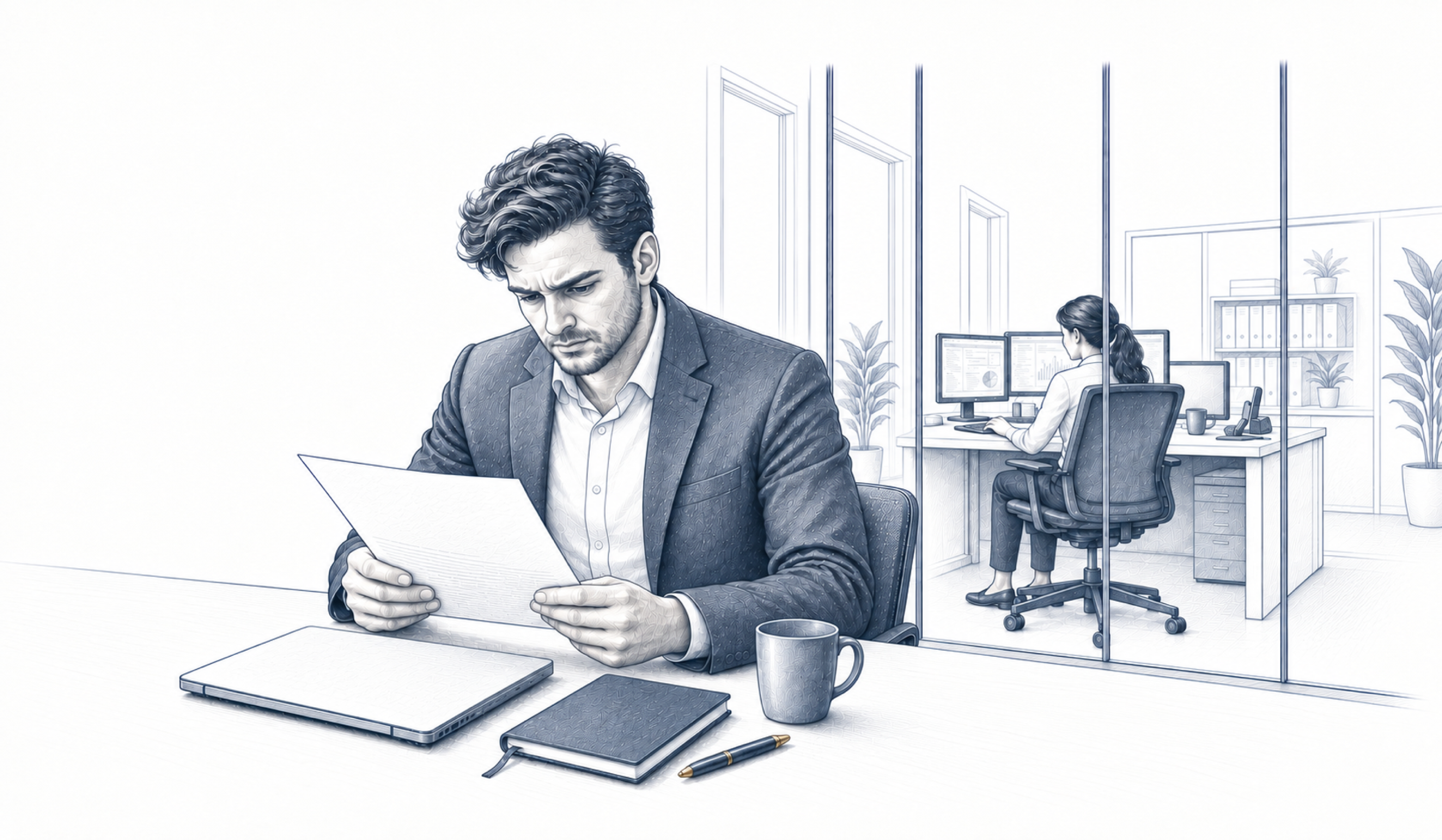 Ein Mann liest ein Schreiben an seinem Arbeitsplatz; im Hintergrund sitzt eine weitere Person im Büro.