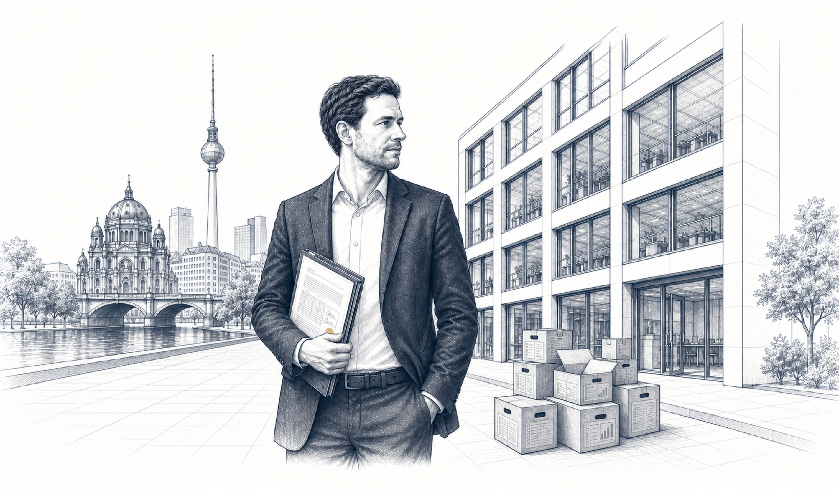 Ein Mann hält Unterlagen vor einem Bürogebäude; neben dem Eingang stehen Umzugskartons.