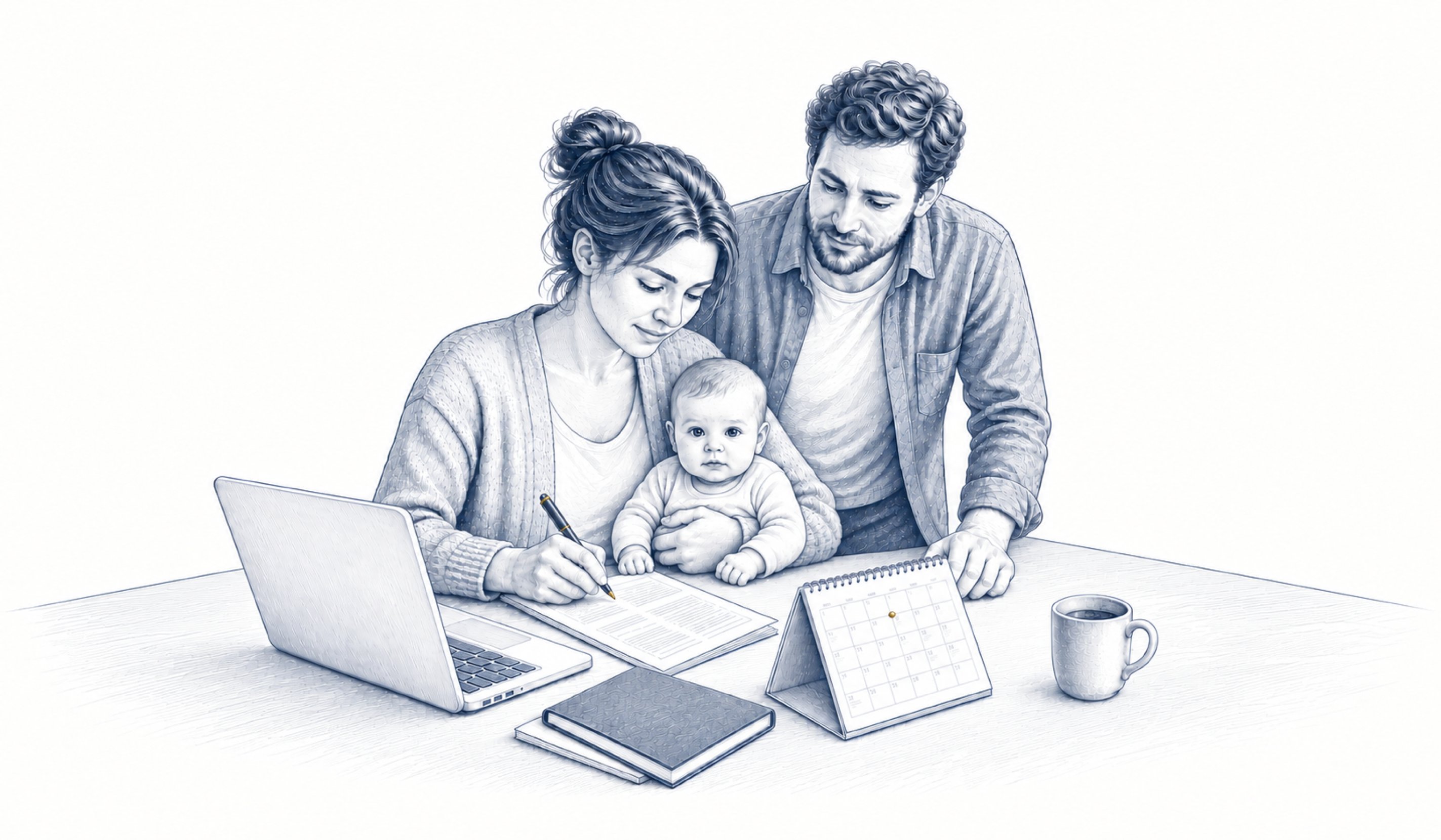 Zwei Erwachsene sitzen mit einem Baby vor Laptop, Unterlagen und Kalender.
