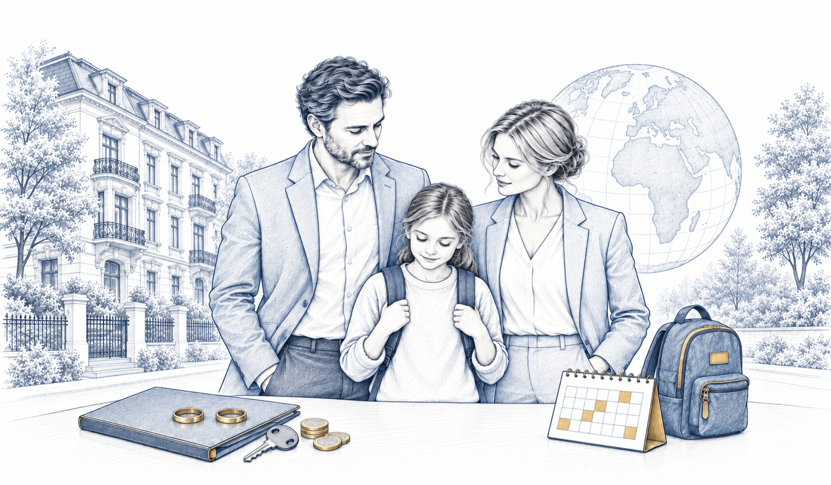 Zwei Erwachsene und ein Kind stehen vor einer Weltkugel; auf dem Tisch liegen Ringe, Schlüssel, Münzen und ein Kalender.