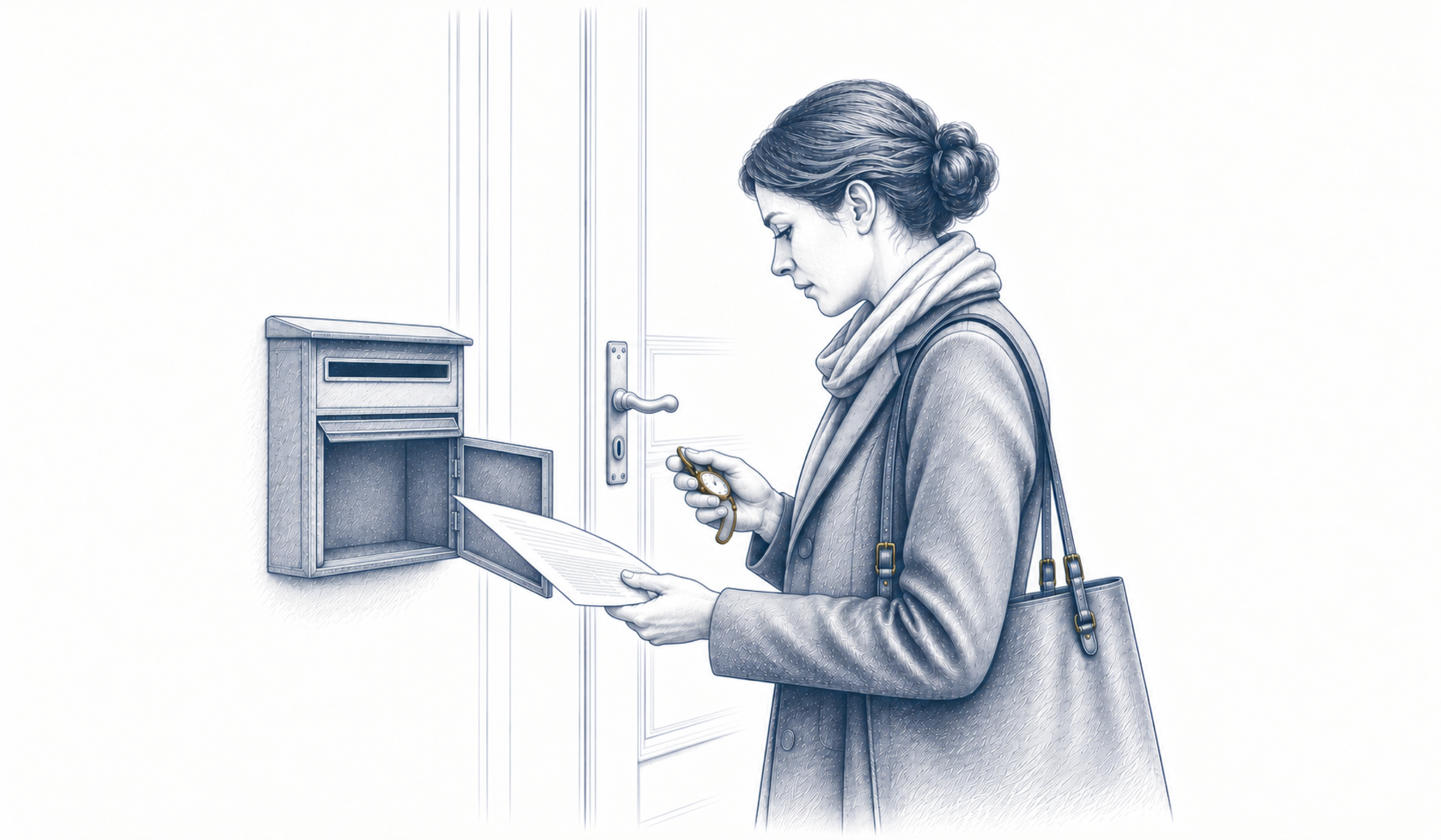 Eine Frau hält einen Brief vor einem geöffneten Briefkasten und einen Schlüssel in der anderen Hand. Eine Frau hält einen Brief vor einem geöffneten Briefkasten und einen Schlüssel in der anderen Hand.