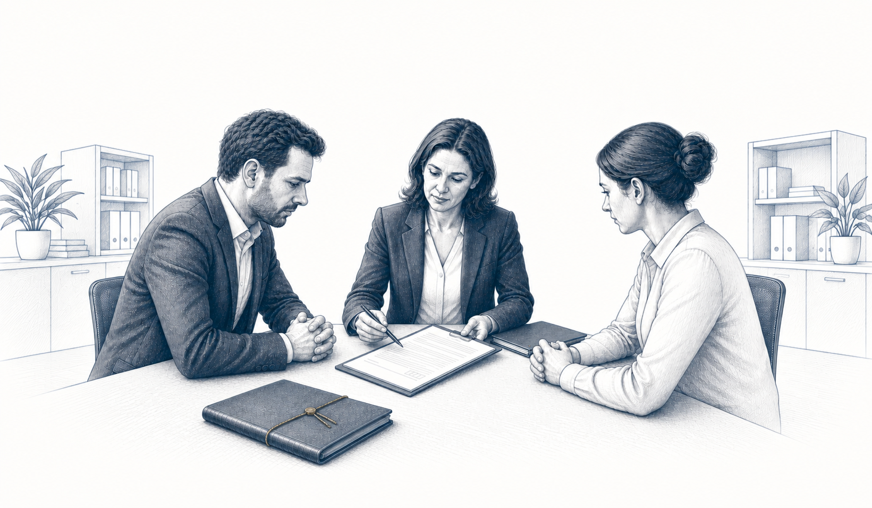 Drei Personen besprechen eine geöffnete Akte am Tisch. Drei Personen besprechen eine geöffnete Akte am Tisch.