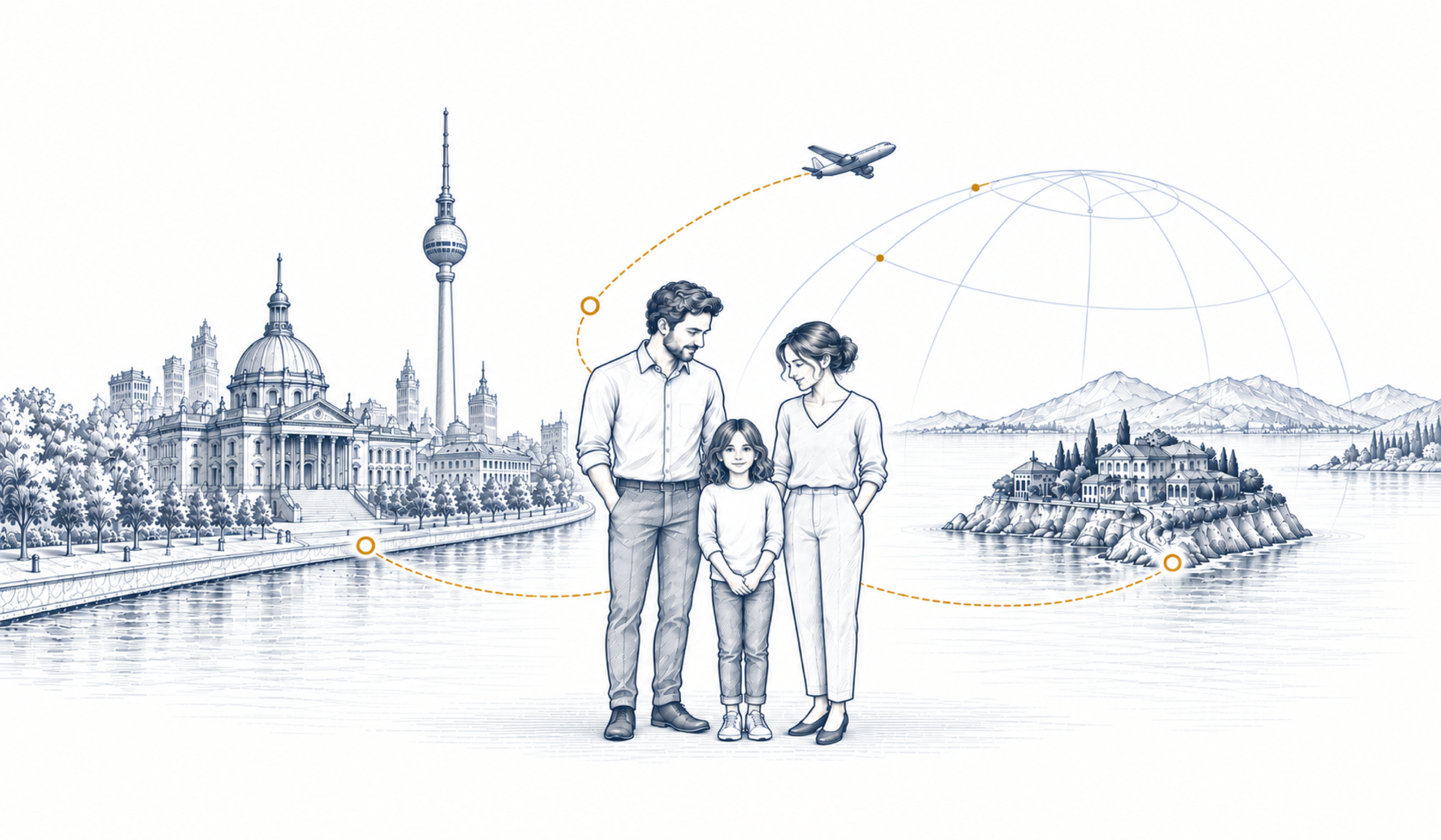 Zwei Erwachsene stehen mit einem Kind zwischen Stadtsilhouetten und einer Weltkugel; darüber fliegt ein Flugzeug.