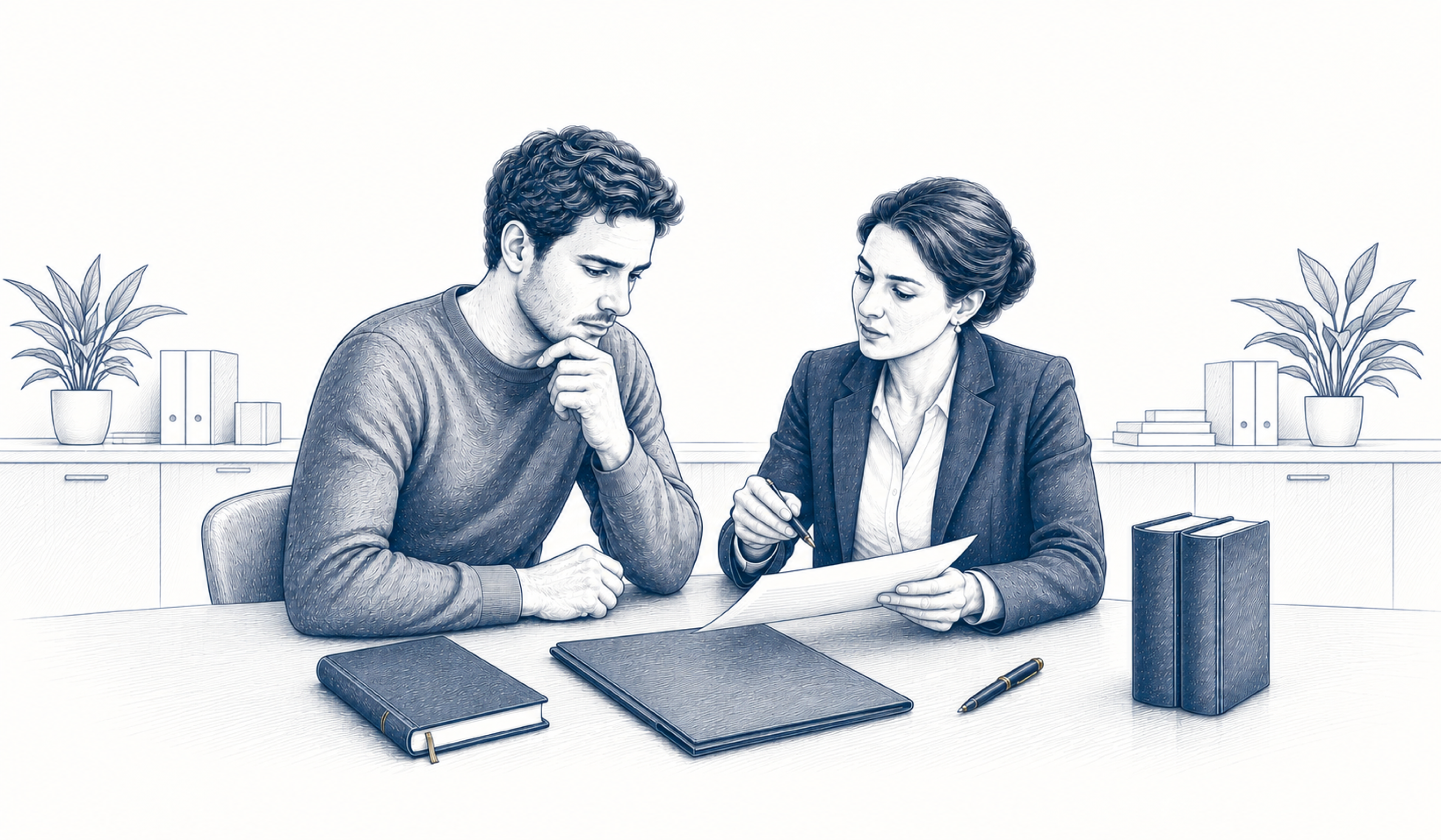 Eine Frau erläutert einem Mann ein Schreiben am Besprechungstisch.