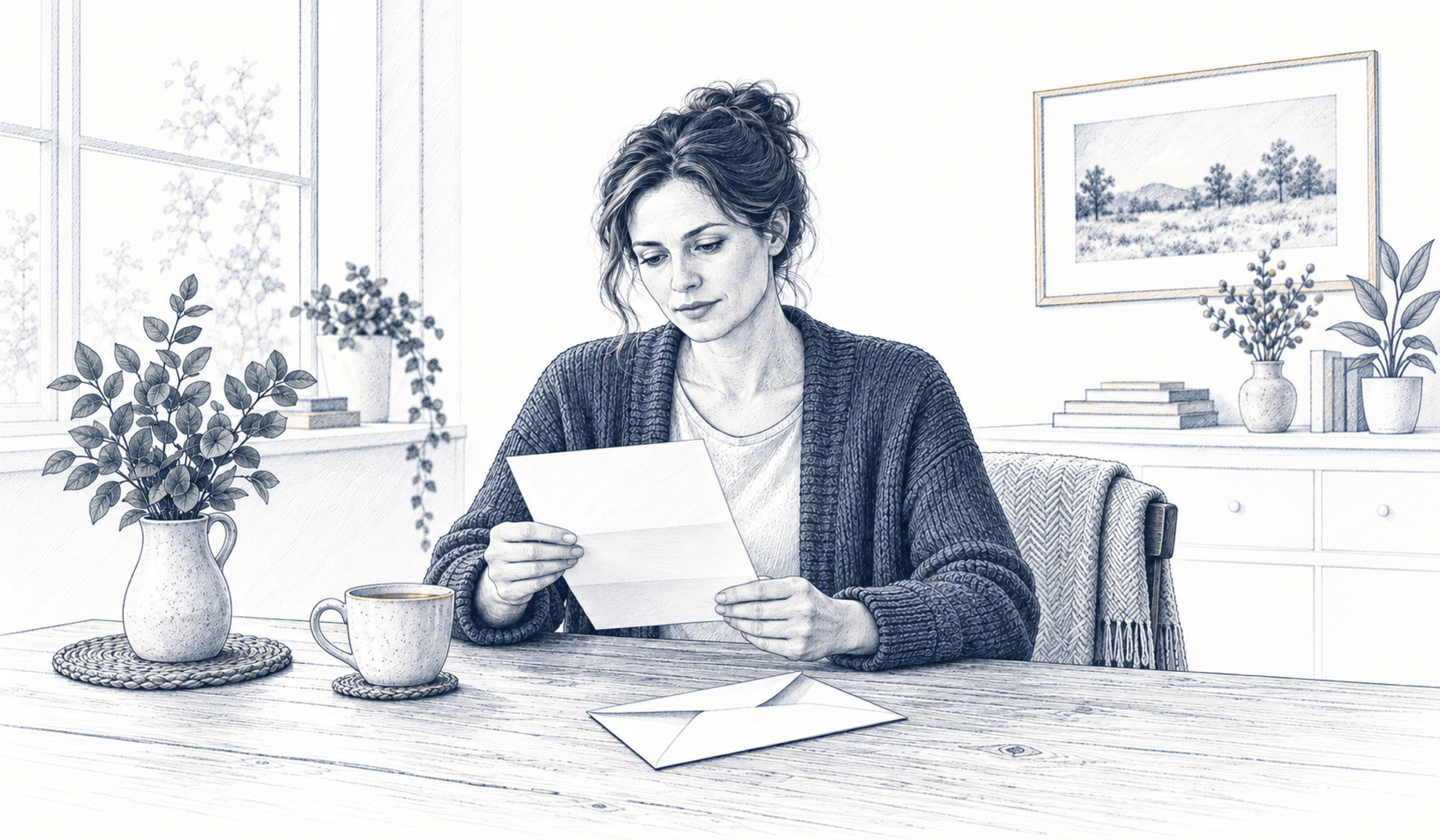 Eine Frau im Strickpullover liest zu Hause einen Brief; vor ihr stehen eine Tasse und ein geöffneter Umschlag. Eine Frau im Strickpullover liest zu Hause einen Brief; vor ihr stehen eine Tasse und ein geöffneter Umschlag.