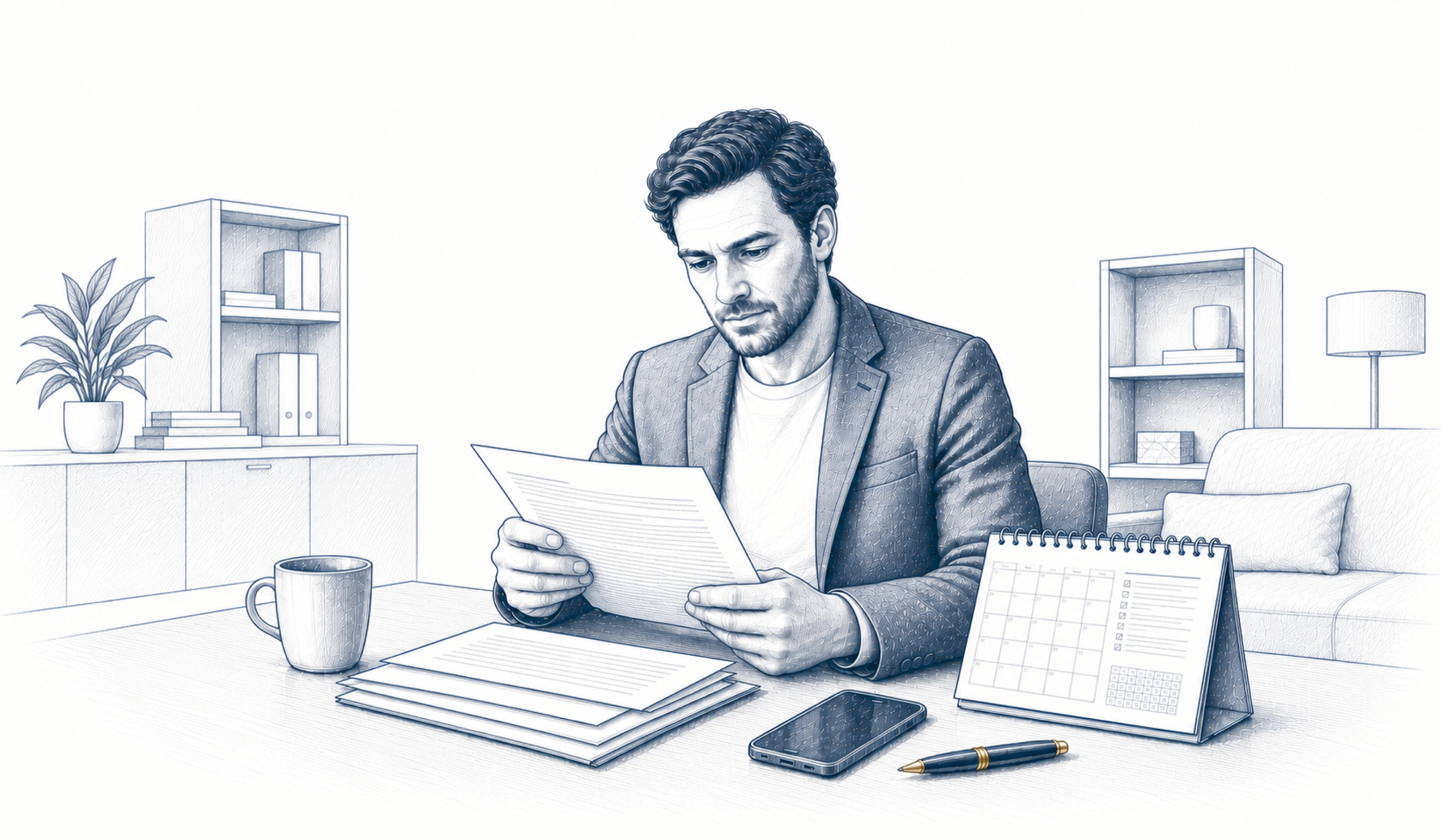 Ein Mann liest einen Brief am Schreibtisch; daneben liegen Unterlagen und ein Kalender.