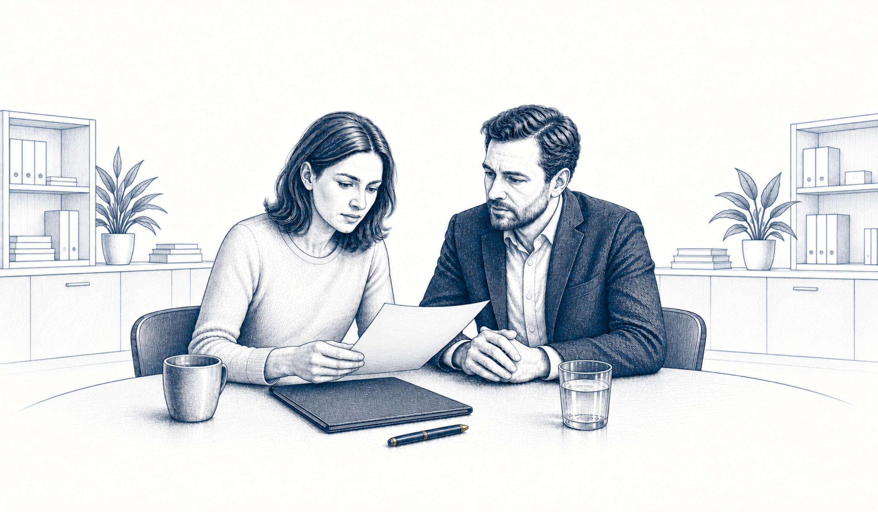 Ein Mann und eine Frau besprechen ein Schreiben am Tisch.