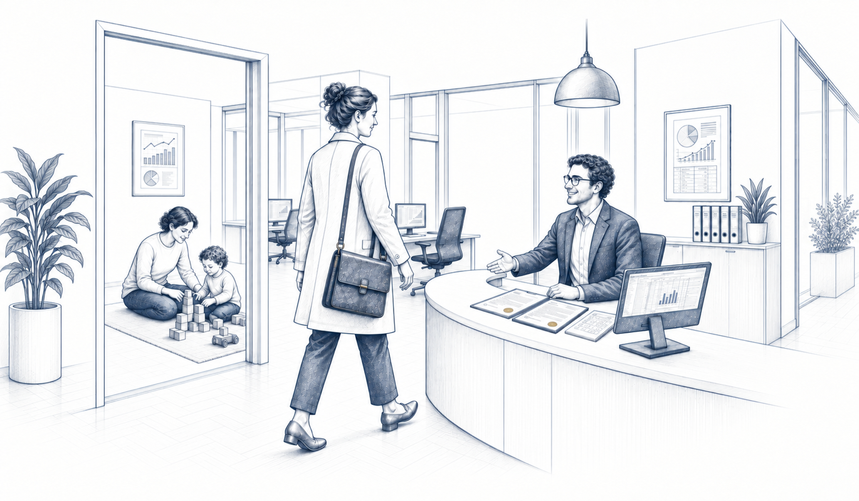 Eine Frau betritt ein Büro; im Hintergrund sitzt ein Erwachsener neben einem Kind. Eine Frau betritt ein Büro; im Hintergrund sitzt ein Erwachsener neben einem Kind.