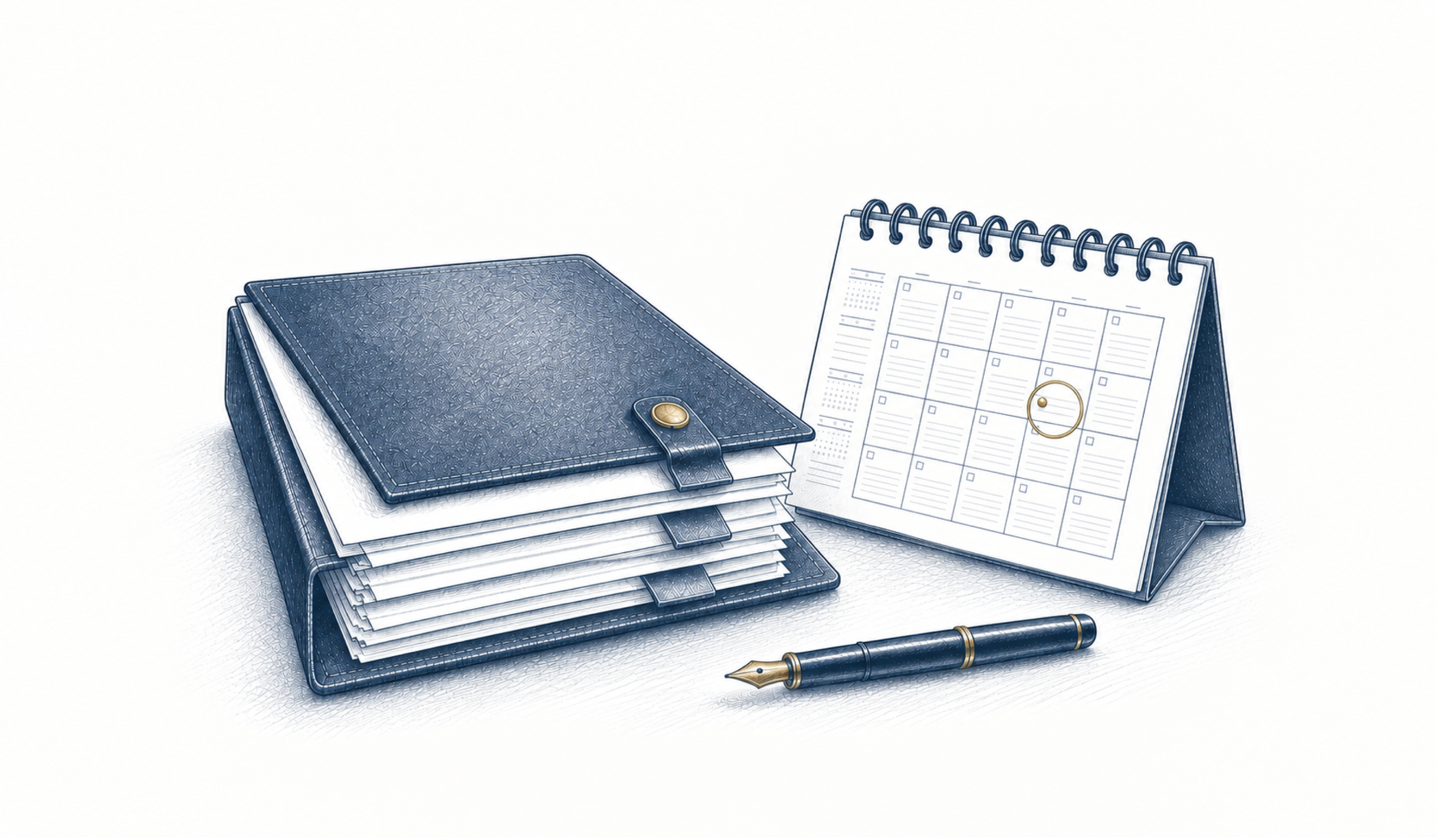 Eine gefüllte Akte liegt neben einem Kalender mit markiertem Tag und einem Stift. Eine gefüllte Akte liegt neben einem Kalender mit markiertem Tag und einem Stift.