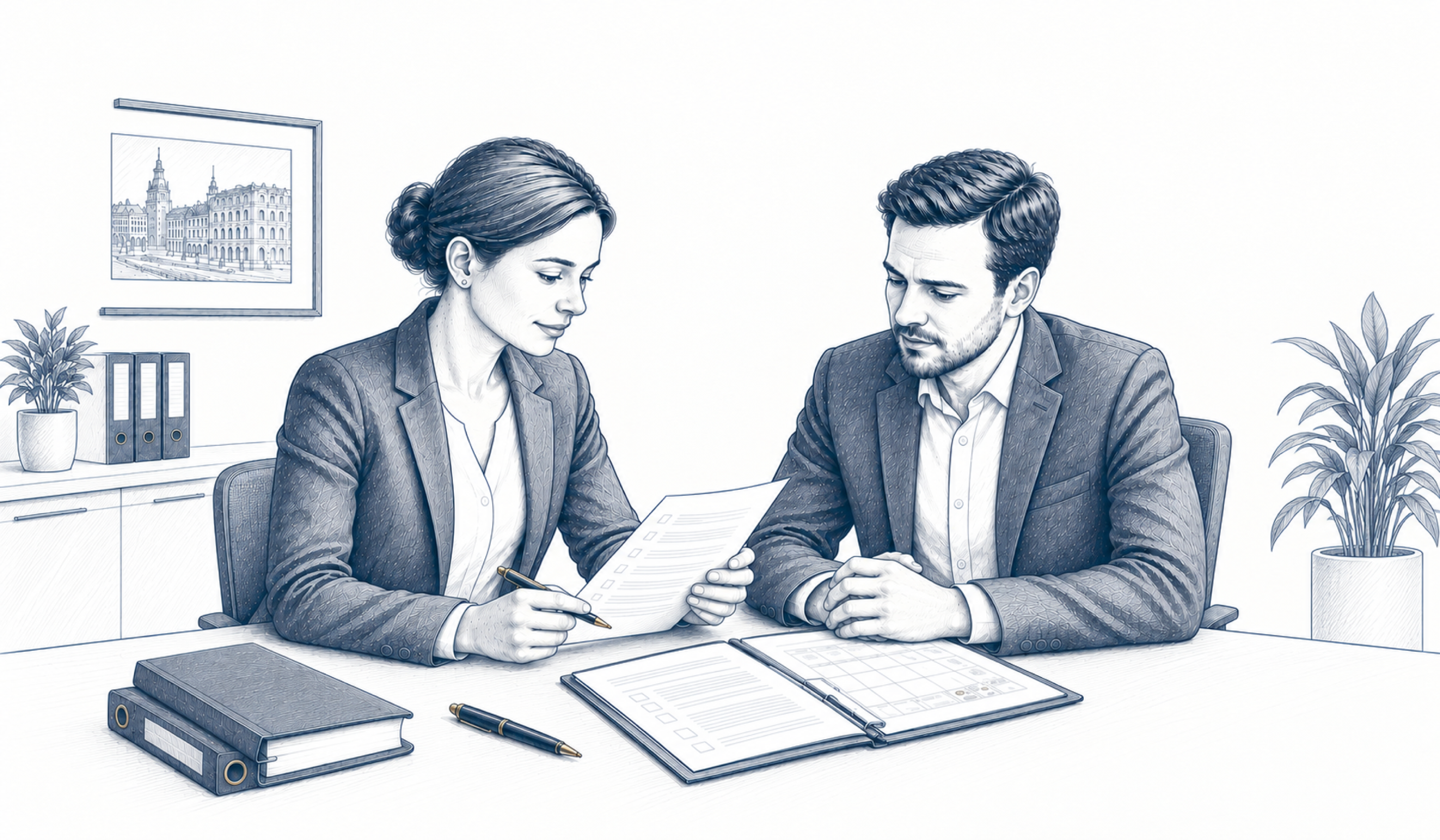 Zwei Personen besprechen Arbeitsunterlagen; vor ihnen liegt eine geöffnete Mappe. Zwei Personen besprechen Arbeitsunterlagen; vor ihnen liegt eine geöffnete Mappe.