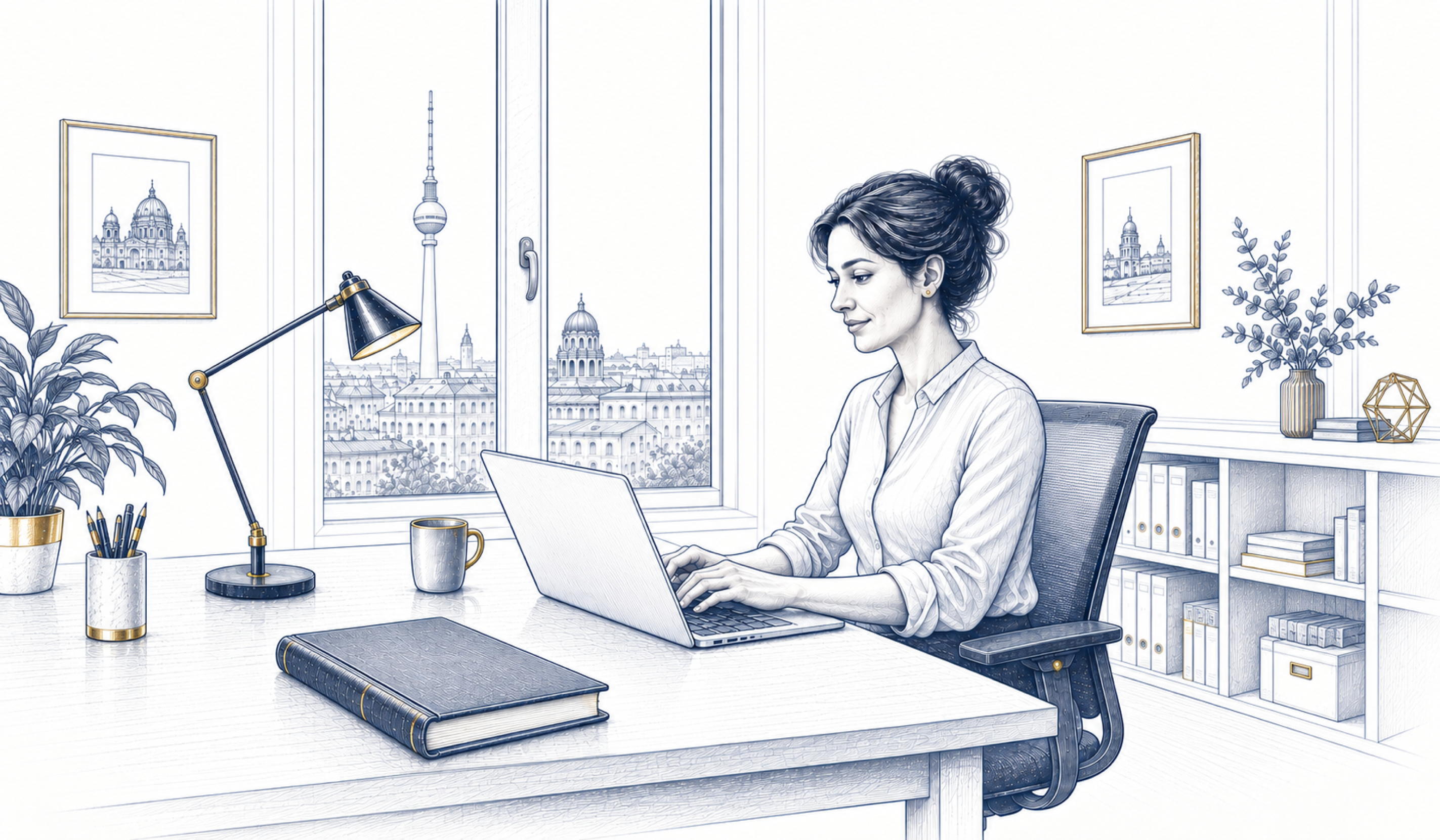 Eine Frau arbeitet am Laptop an einem Schreibtisch zu Hause.