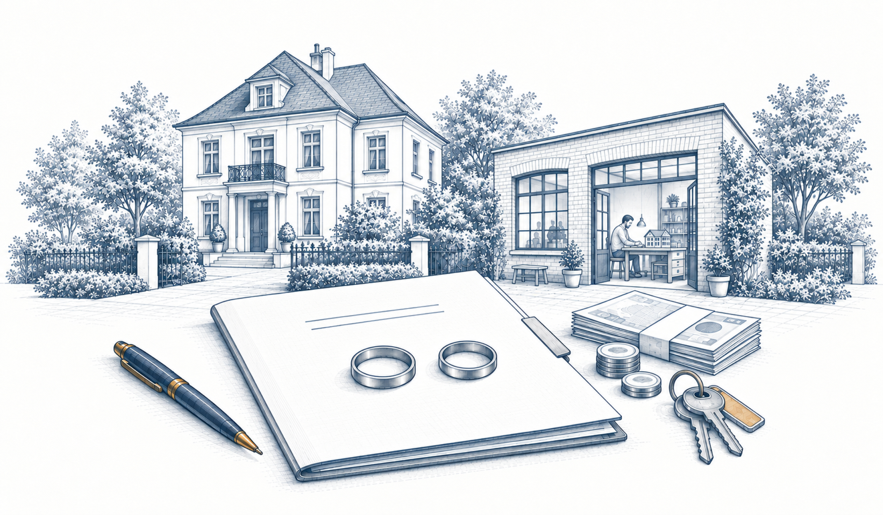 Zwei Ringe liegen auf Unterlagen vor einem Wohnhaus und einem Betriebsgebäude; daneben stehen Münzstapel und liegen Schlüssel.