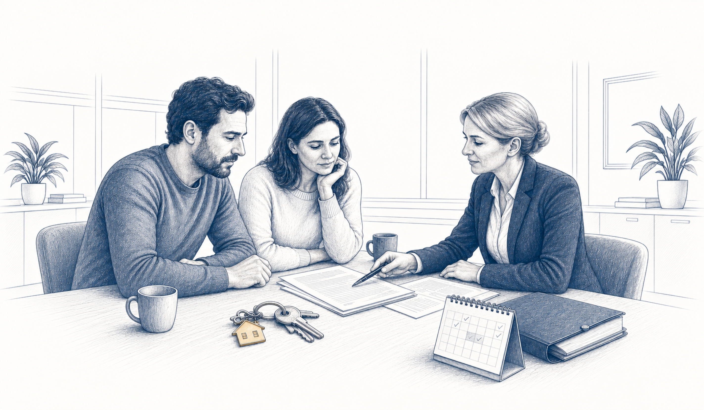 Drei Personen besprechen Unterlagen; auf dem Tisch liegen ein Schlüsselbund und ein Kalender. Drei Personen besprechen Unterlagen; auf dem Tisch liegen ein Schlüsselbund und ein Kalender.