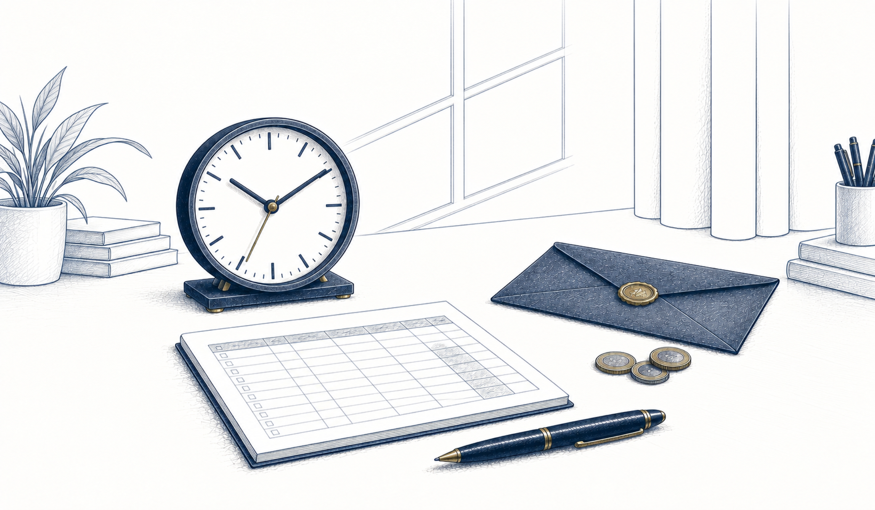Eine Uhr und eine tabellarische Zeiterfassung liegen neben einem Umschlag und Münzen. Eine Uhr und eine tabellarische Zeiterfassung liegen neben einem Umschlag und Münzen.