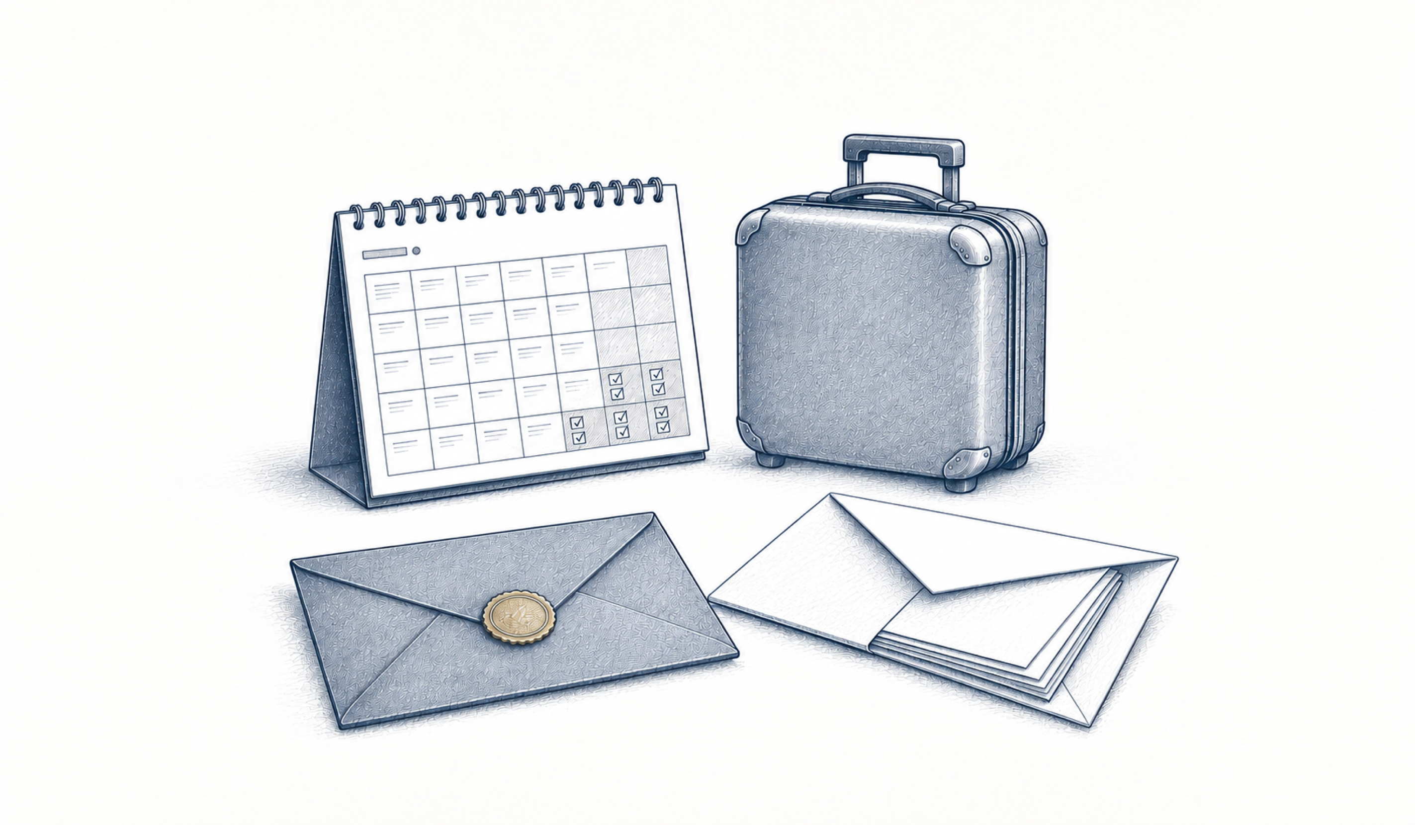 Ein Reisekoffer, ein Kalender und zwei Briefumschläge.