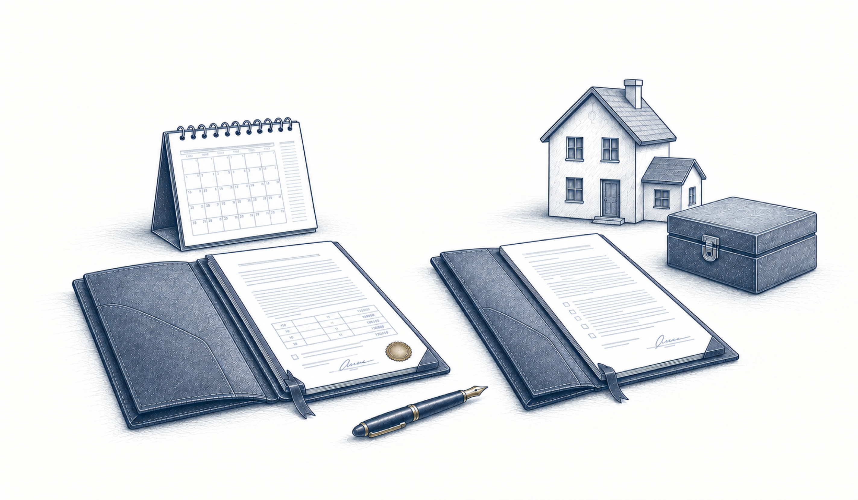 Zwei getrennte Dokumentenmappen liegen neben einem Hausmodell, einem Kalender und einer verschlossenen Kassette. Zwei getrennte Dokumentenmappen liegen neben einem Hausmodell, einem Kalender und einer verschlossenen Kassette.